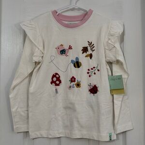 NWT Lilly + Sid Girl Cream Long Sleeve Embroidered Nature Designs & Ruffles